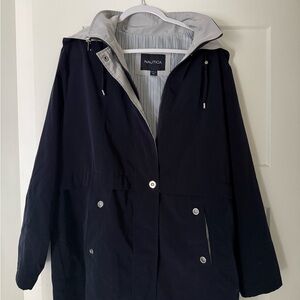 Nautica Women's Navy Blue Rain and Wind Detachable Hood Jacket